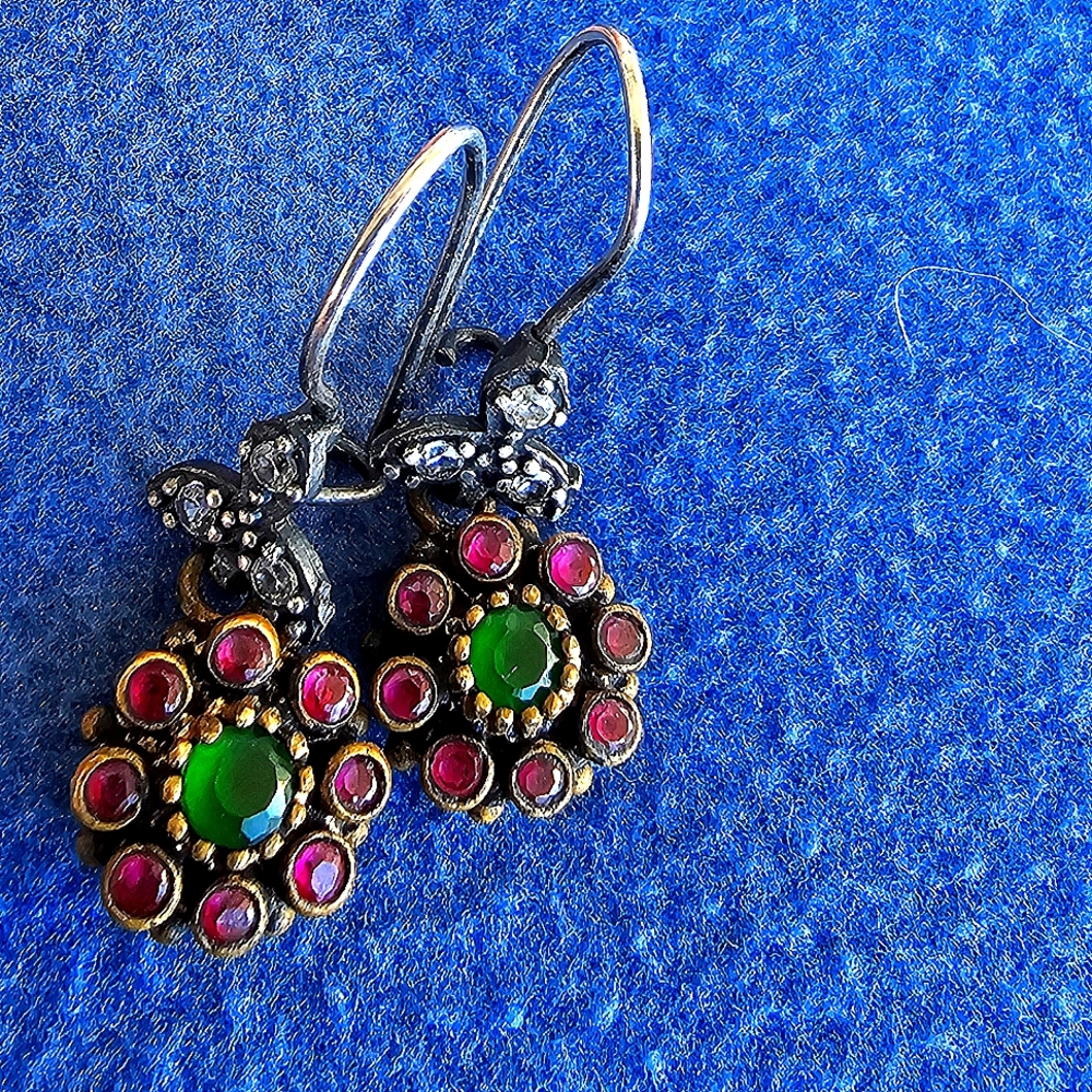 Vintage Sterling  Silver Sapphire Emerald Statement  Dangle Earnings